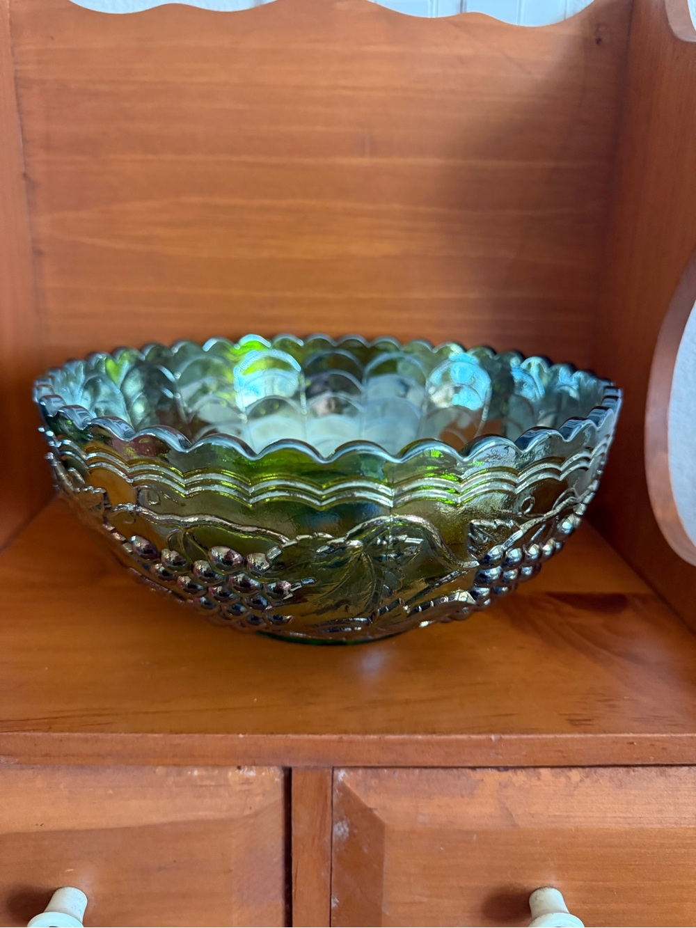 Imperial Glass Green Scalloped Glass Bowl - Carnival Glass